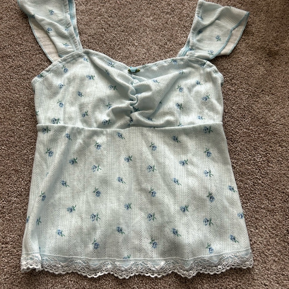 ❌sold❌New Women’s Size XS Blue Floral Lace Trim Babydoll Top Ruffle